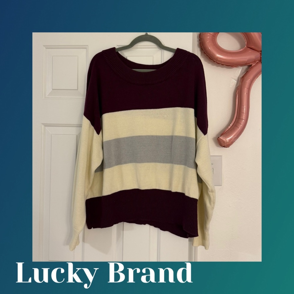Lucky Brand Maroon, Cream & Gray Striped Crewneck Sweater